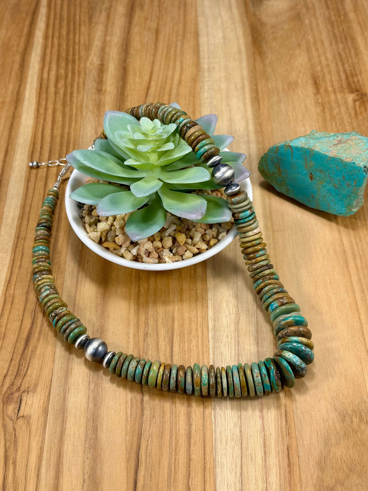 Kingman Turquoise Multi Color Disc & Sterling Silver Pearl Necklace