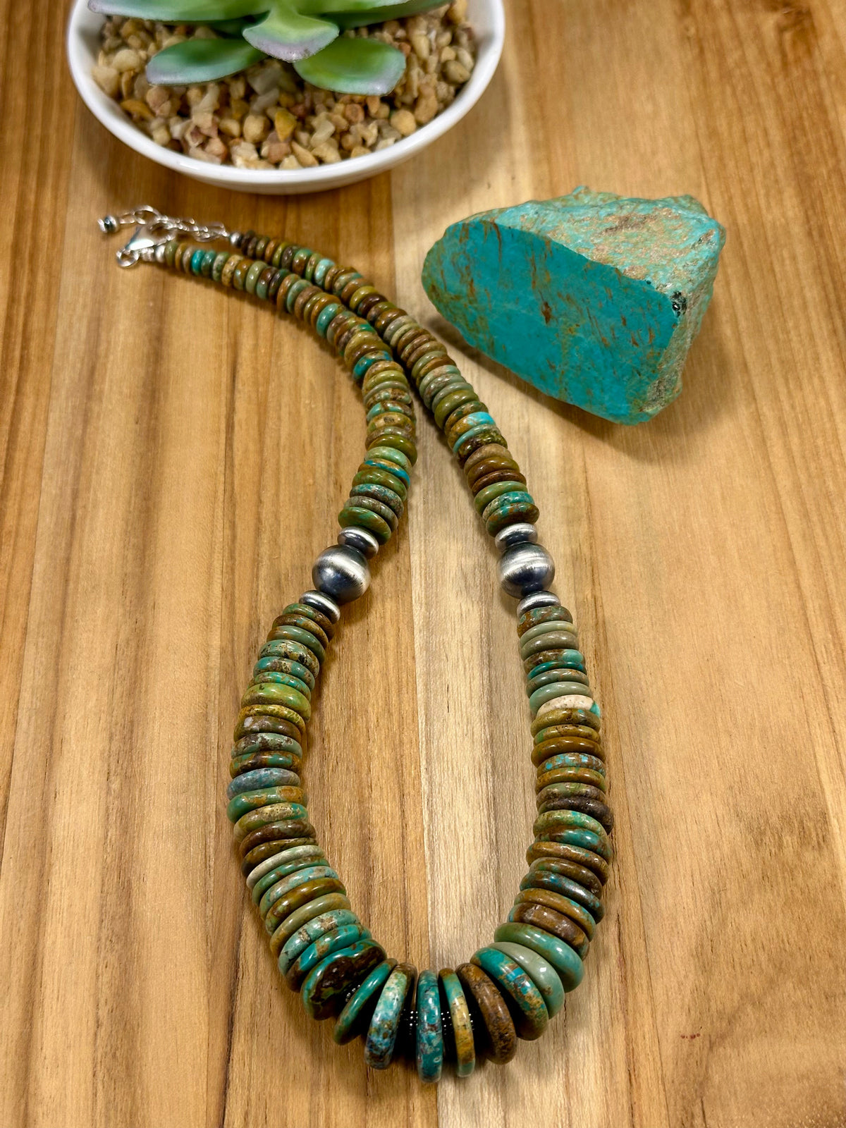 Kingman Turquoise Multi Color Disc & Sterling Silver Pearl Necklace