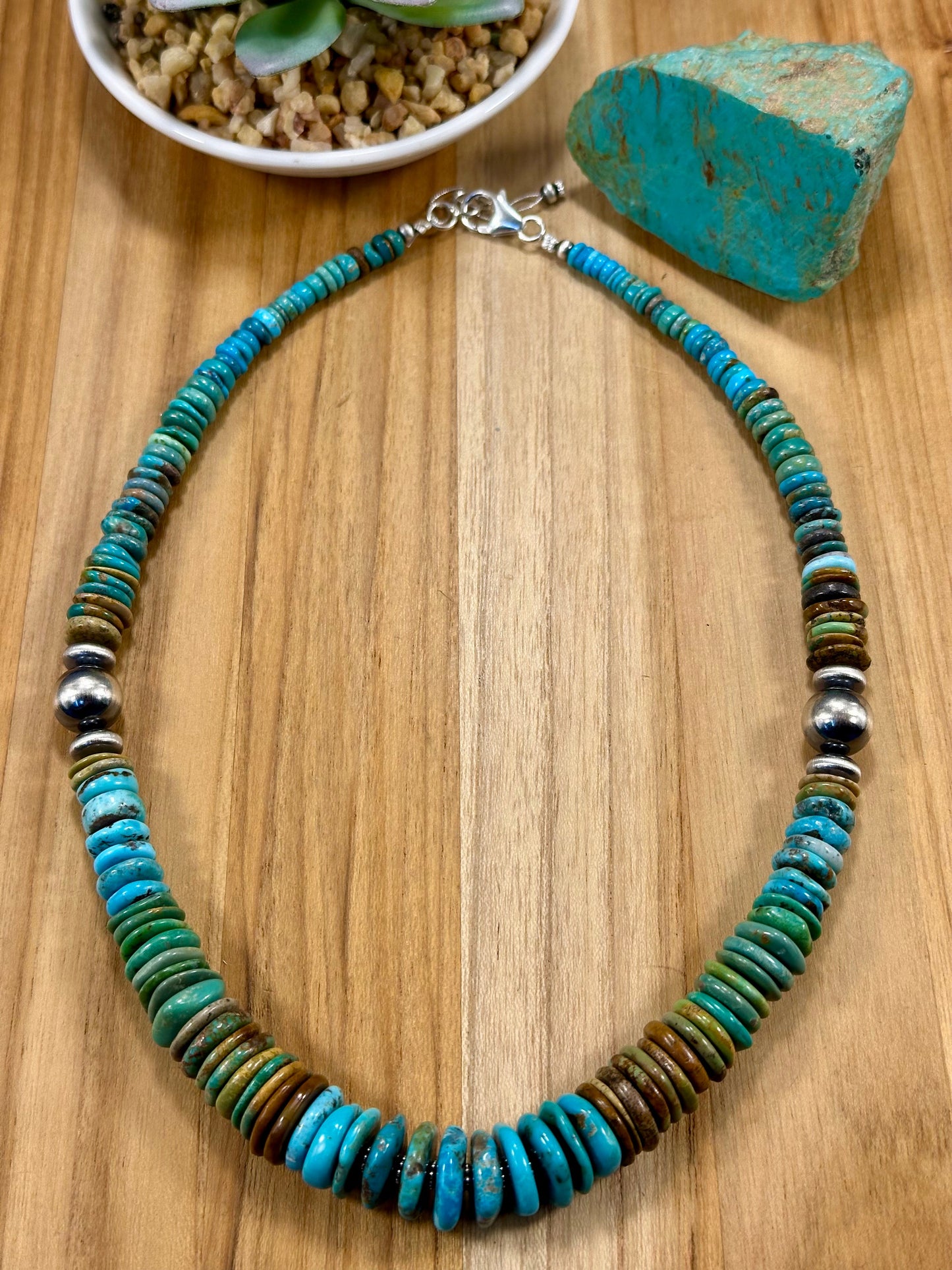 Kingman Turquoise Multi Color Disc & Sterling Silver Pearl Necklace