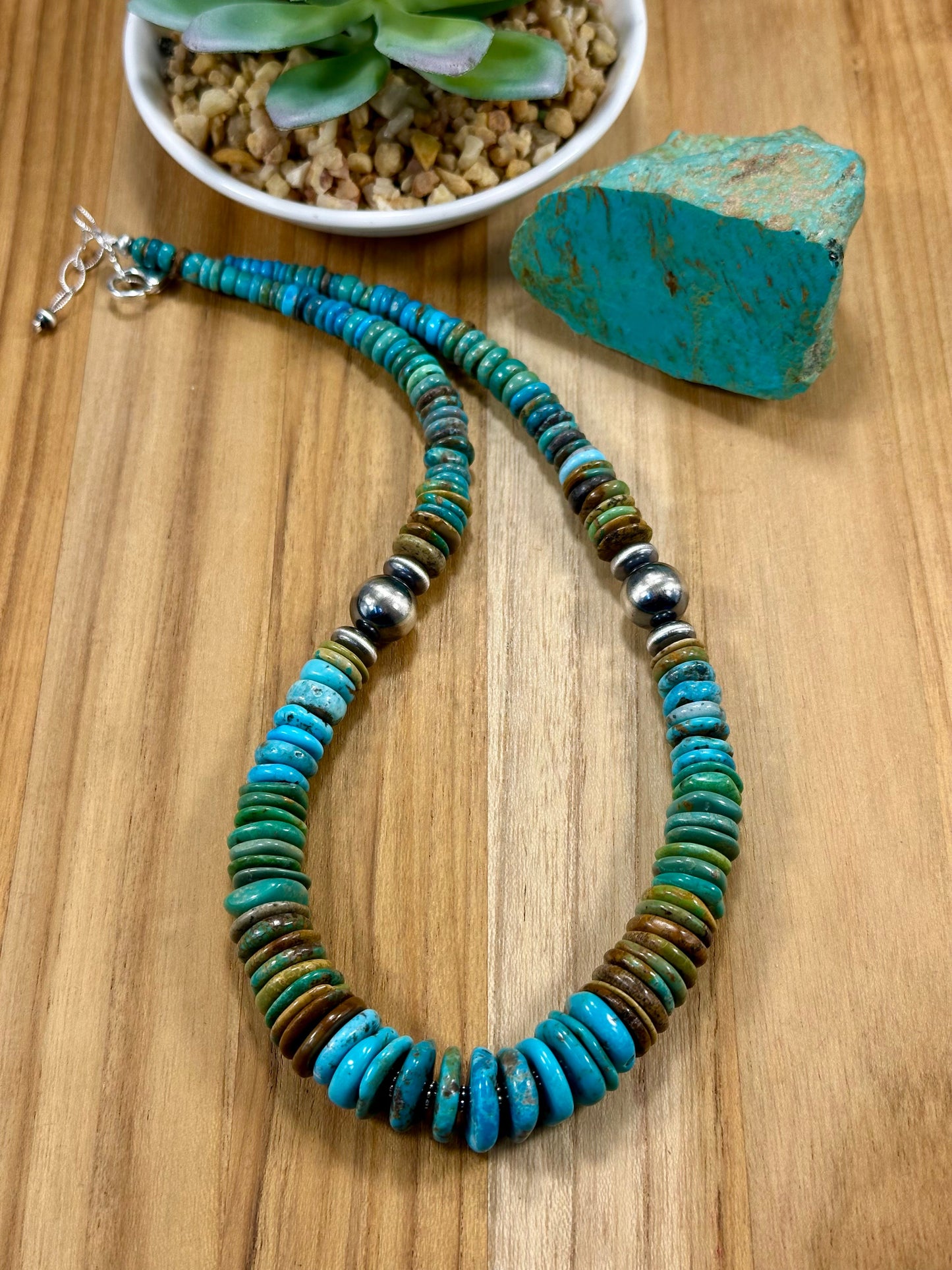 Kingman Turquoise Multi Color Disc & Sterling Silver Pearl Necklace
