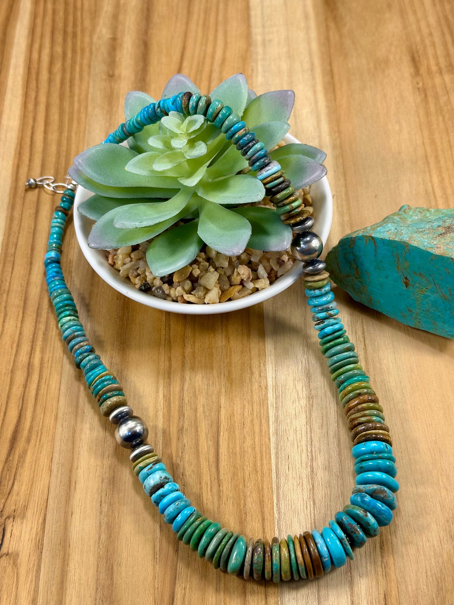 Kingman Turquoise Multi Color Disc & Sterling Silver Pearl Necklace