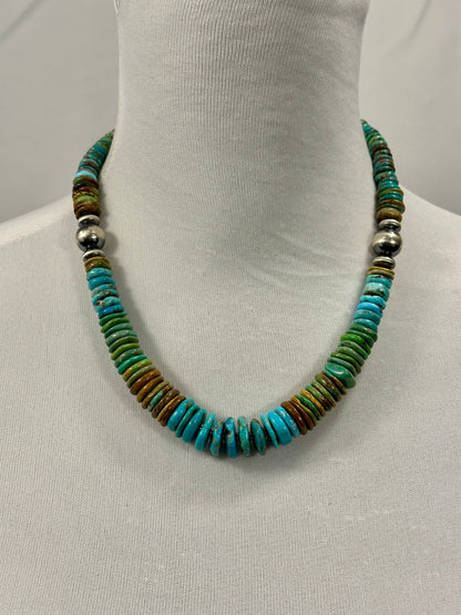Kingman Turquoise Multi Color Disc & Sterling Silver Pearl Necklace