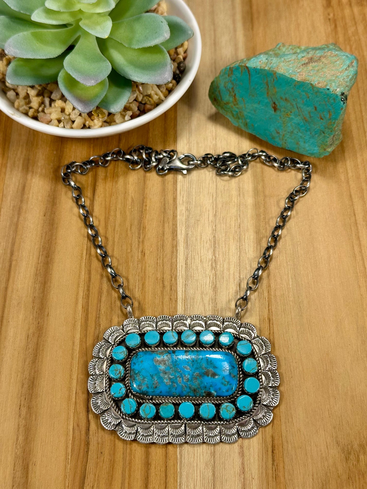 Kingman Turquoise Cluster Bar Sterling Silver Pendant Necklace