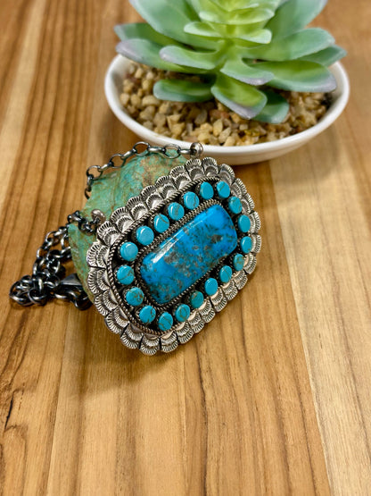 Kingman Turquoise Cluster Bar Sterling Silver Pendant Necklace