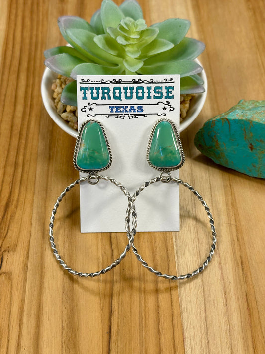 Kingman Turquoise Triangle & Sterling Silver Dangle Hoop Earrings