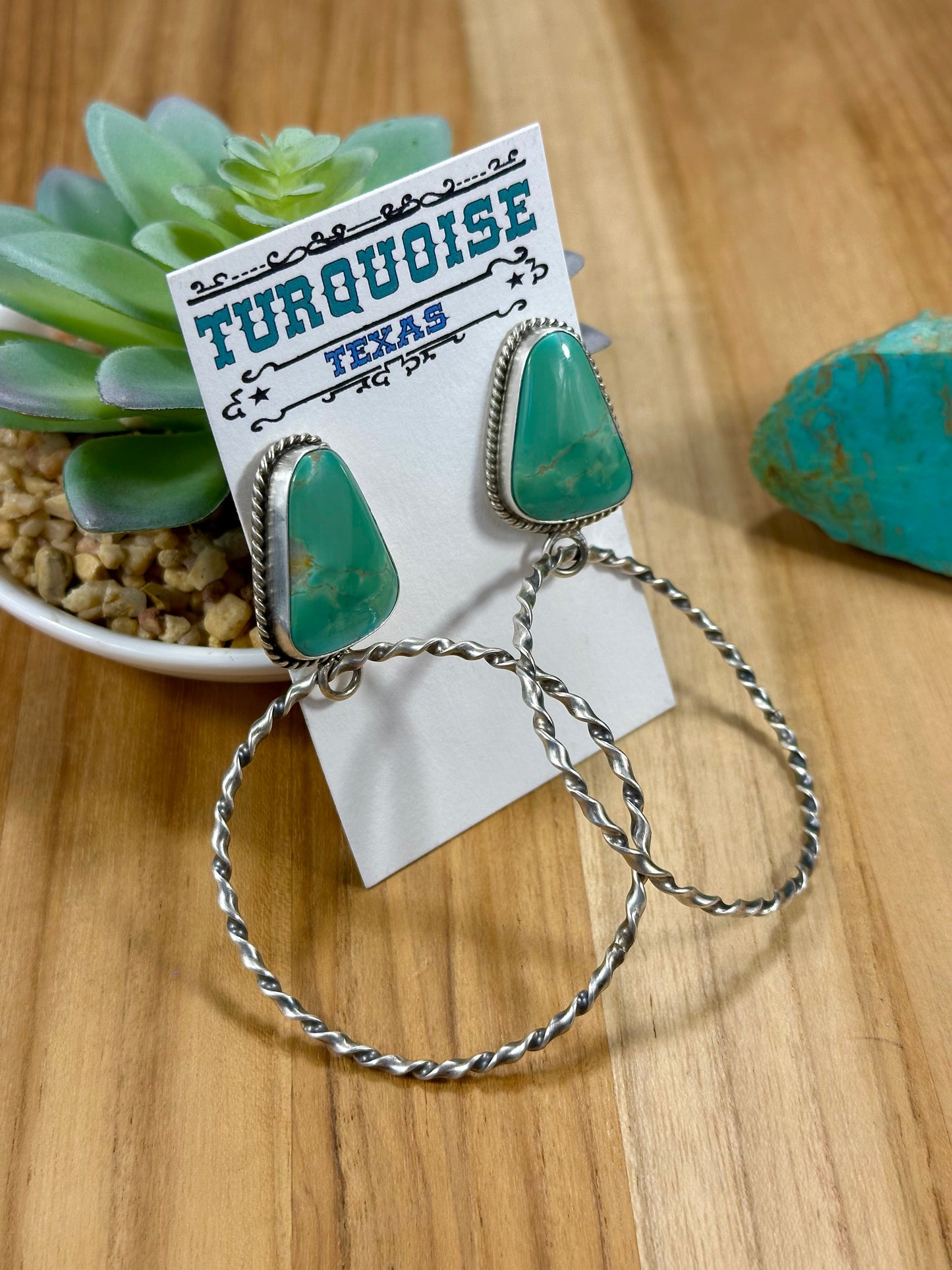 Kingman Turquoise Triangle & Sterling Silver Dangle Hoop Earrings