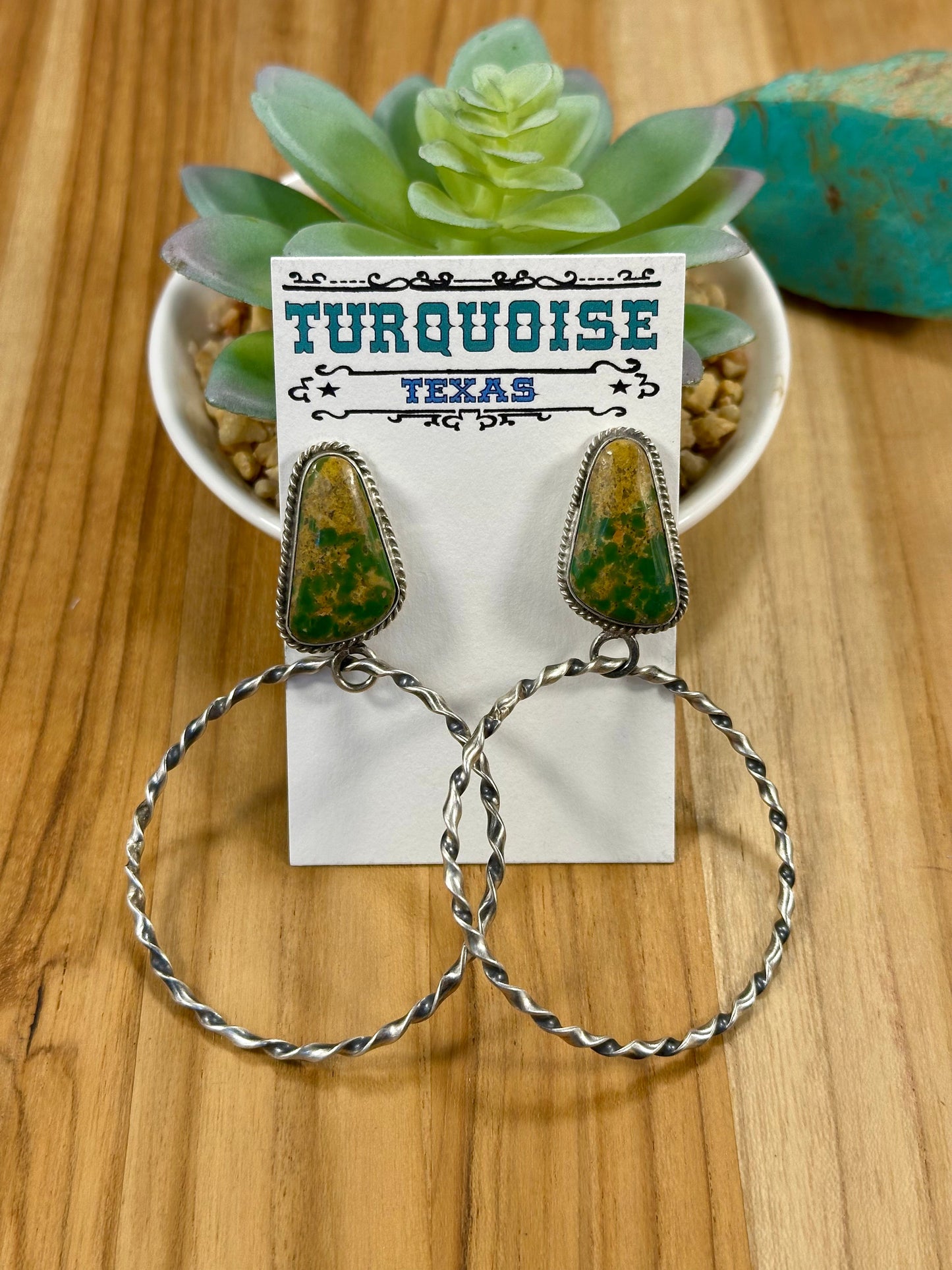 Kingman Turquoise Triangle & Sterling Silver Dangle Hoop Earrings