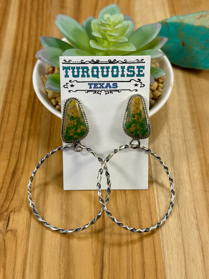 Kingman Turquoise Triangle & Sterling Silver Dangle Hoop Earrings
