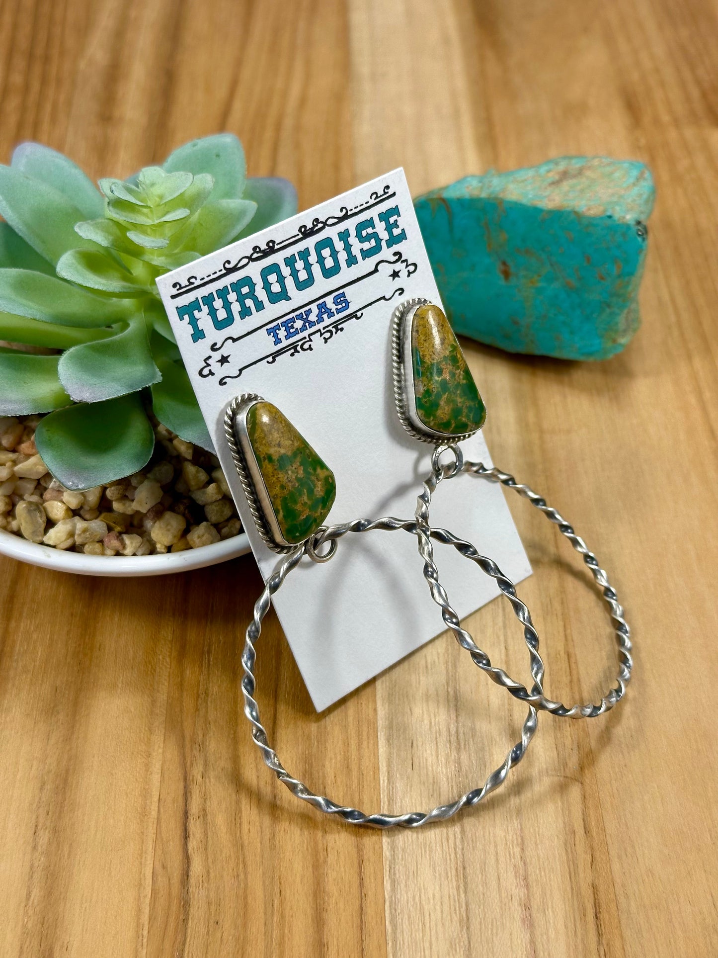 Kingman Turquoise Triangle & Sterling Silver Dangle Hoop Earrings