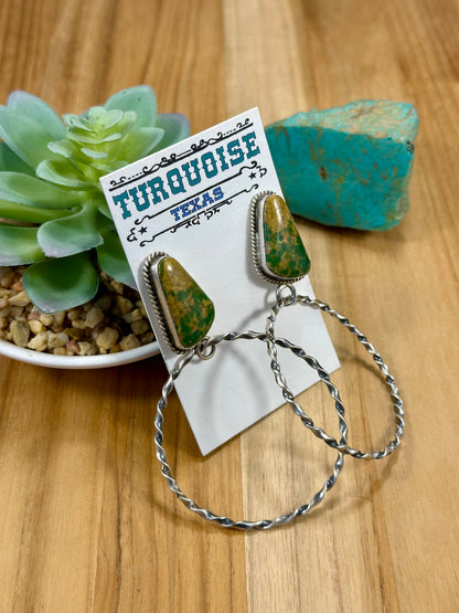 Kingman Turquoise Triangle & Sterling Silver Dangle Hoop Earrings