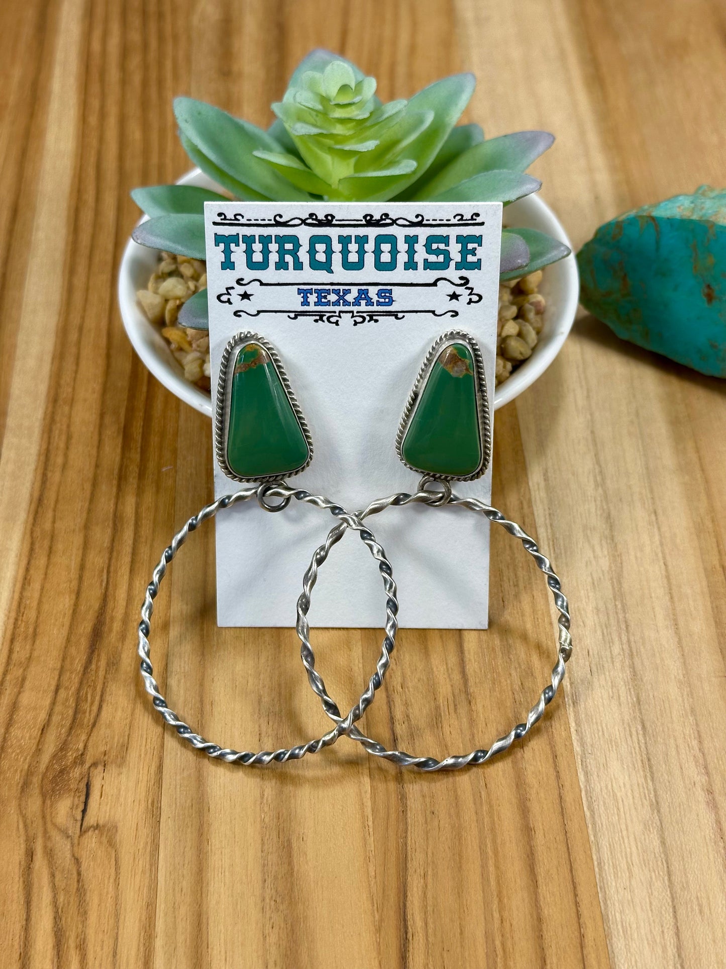 Kingman Turquoise Triangle & Sterling Silver Dangle Hoop Earrings