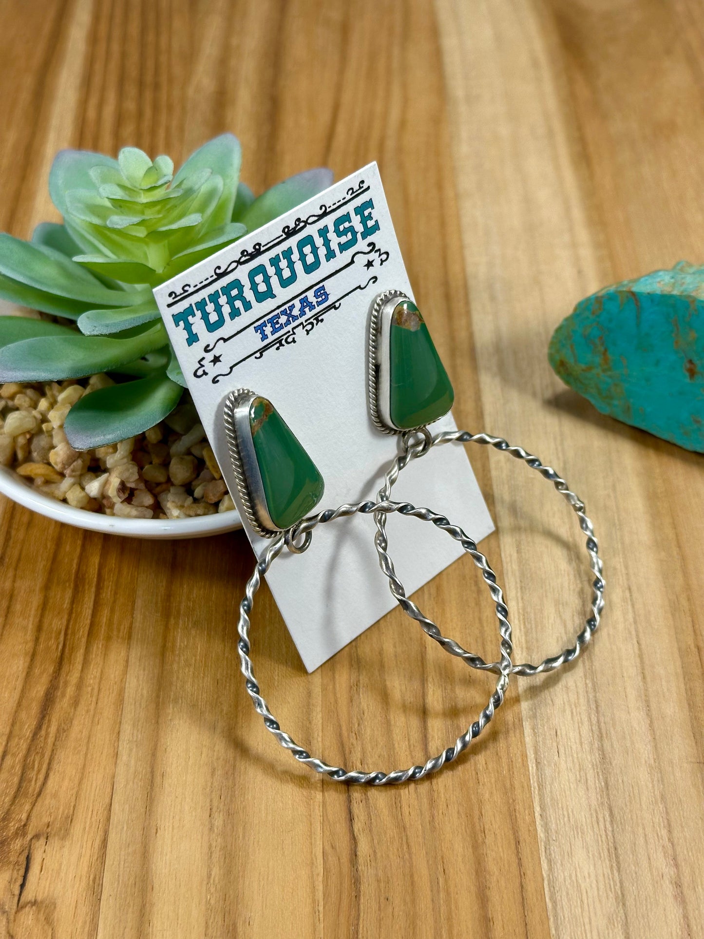 Kingman Turquoise Triangle & Sterling Silver Dangle Hoop Earrings