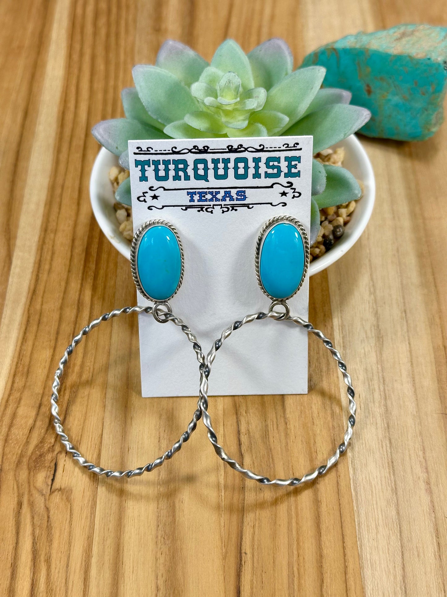 Kingman Turquoise Oval & Sterling Silver Dangle Hoop Earrings