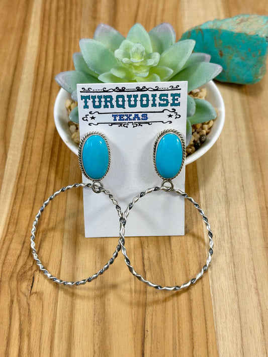 Kingman Turquoise Oval & Sterling Silver Dangle Hoop Earrings