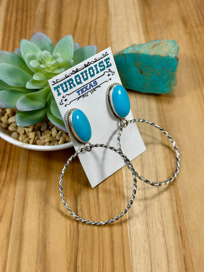 Kingman Turquoise Oval & Sterling Silver Dangle Hoop Earrings