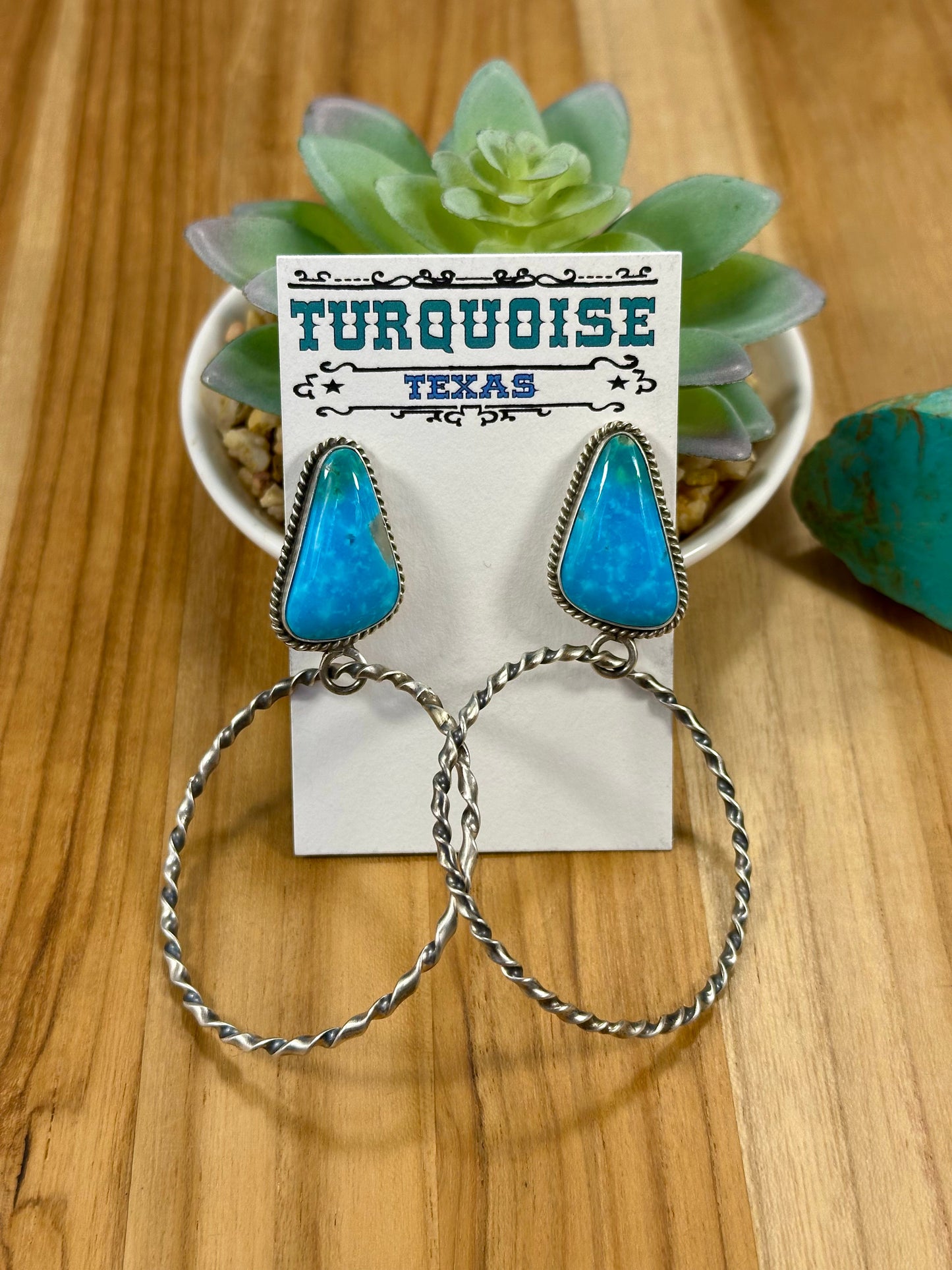 Kingman Turquoise Triangle & Sterling Silver Dangle Hoop Earrings