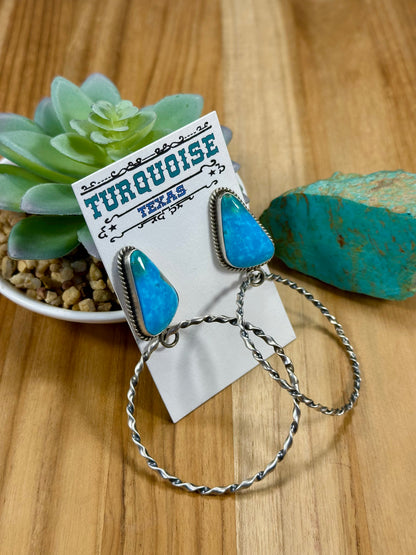 Kingman Turquoise Triangle & Sterling Silver Dangle Hoop Earrings
