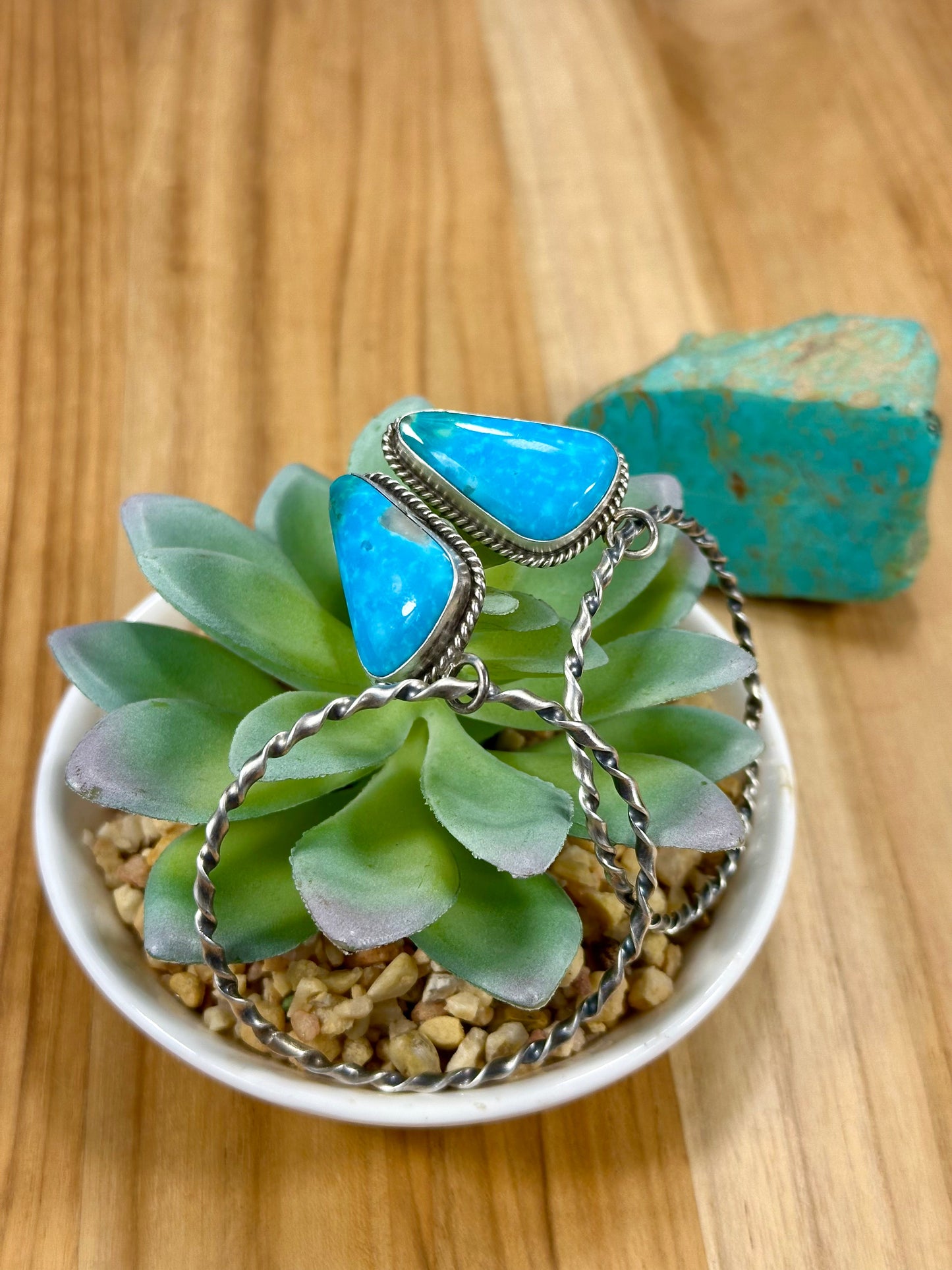 Kingman Turquoise Triangle & Sterling Silver Dangle Hoop Earrings