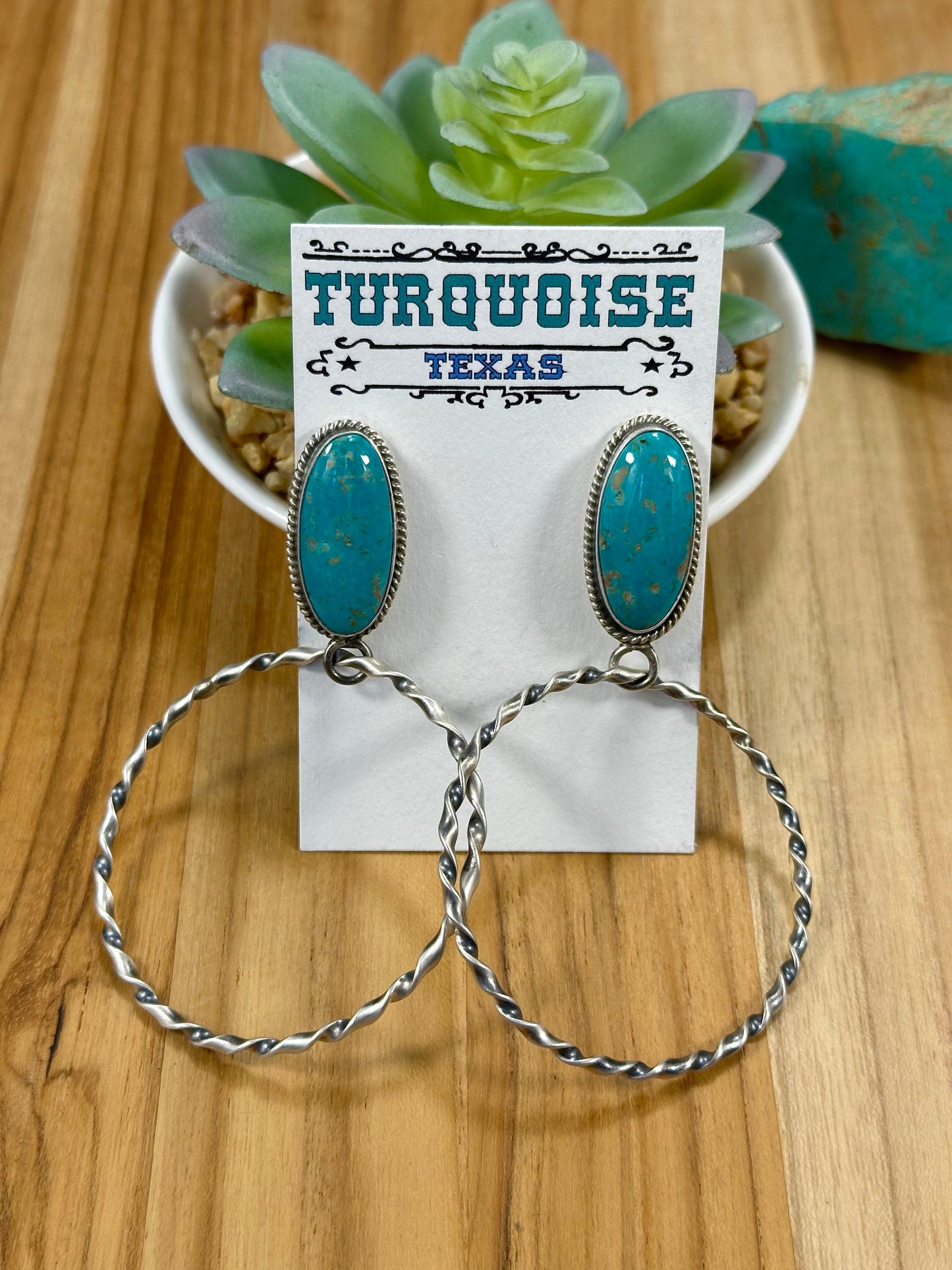 Kingman Turquoise Oval & Sterling Silver Dangle Hoop Earrings