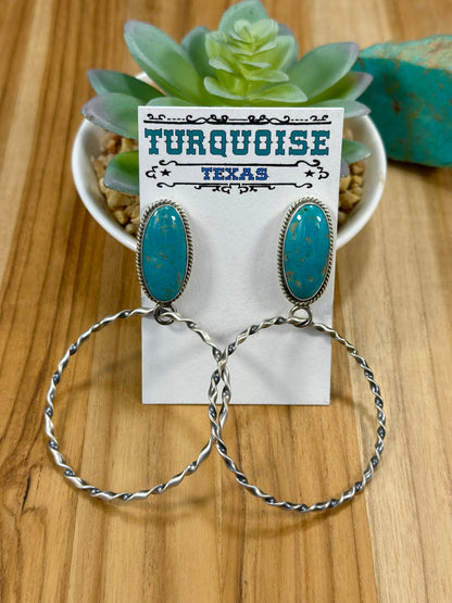 Kingman Turquoise Oval & Sterling Silver Dangle Hoop Earrings
