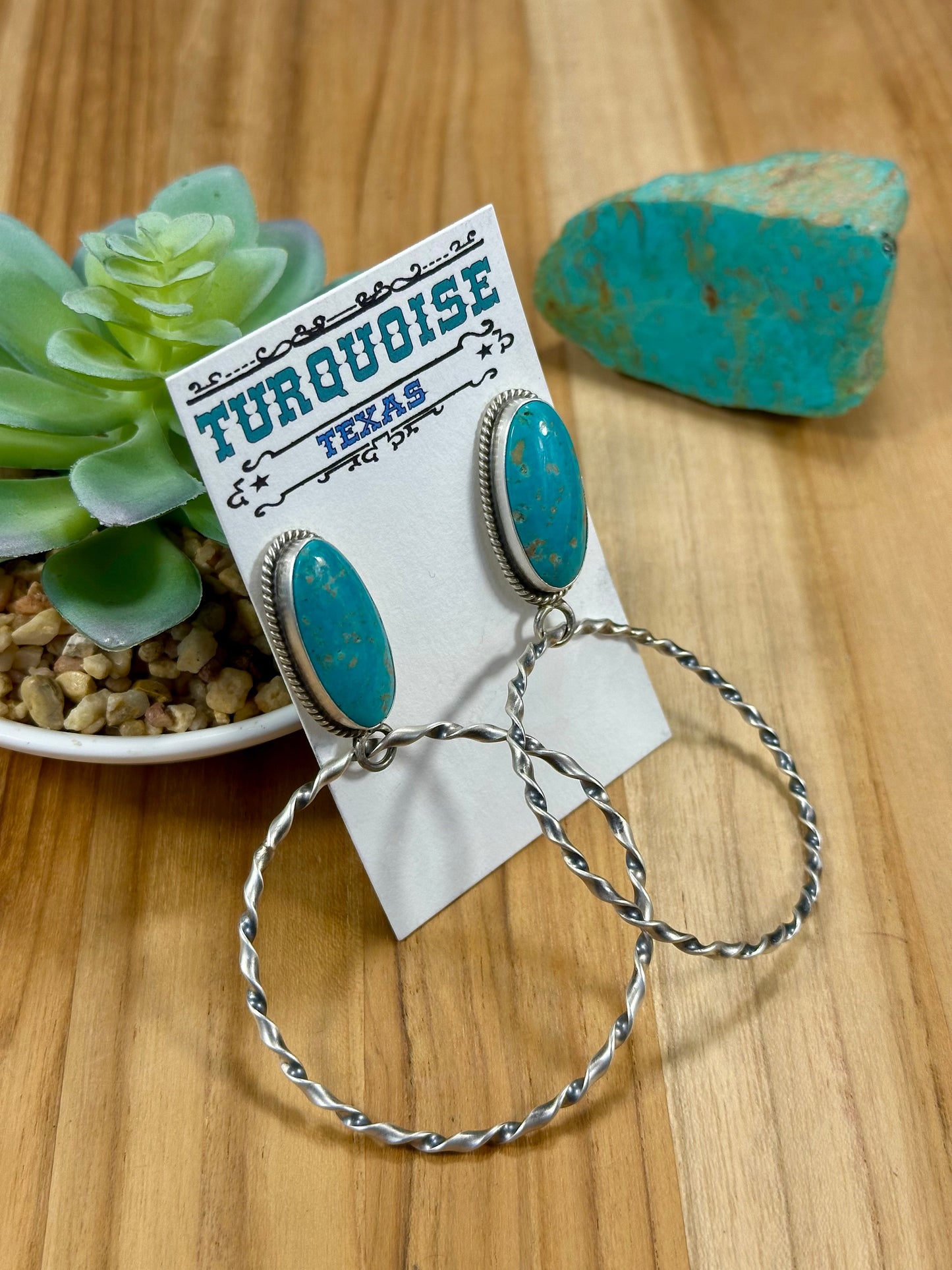 Kingman Turquoise Oval & Sterling Silver Dangle Hoop Earrings