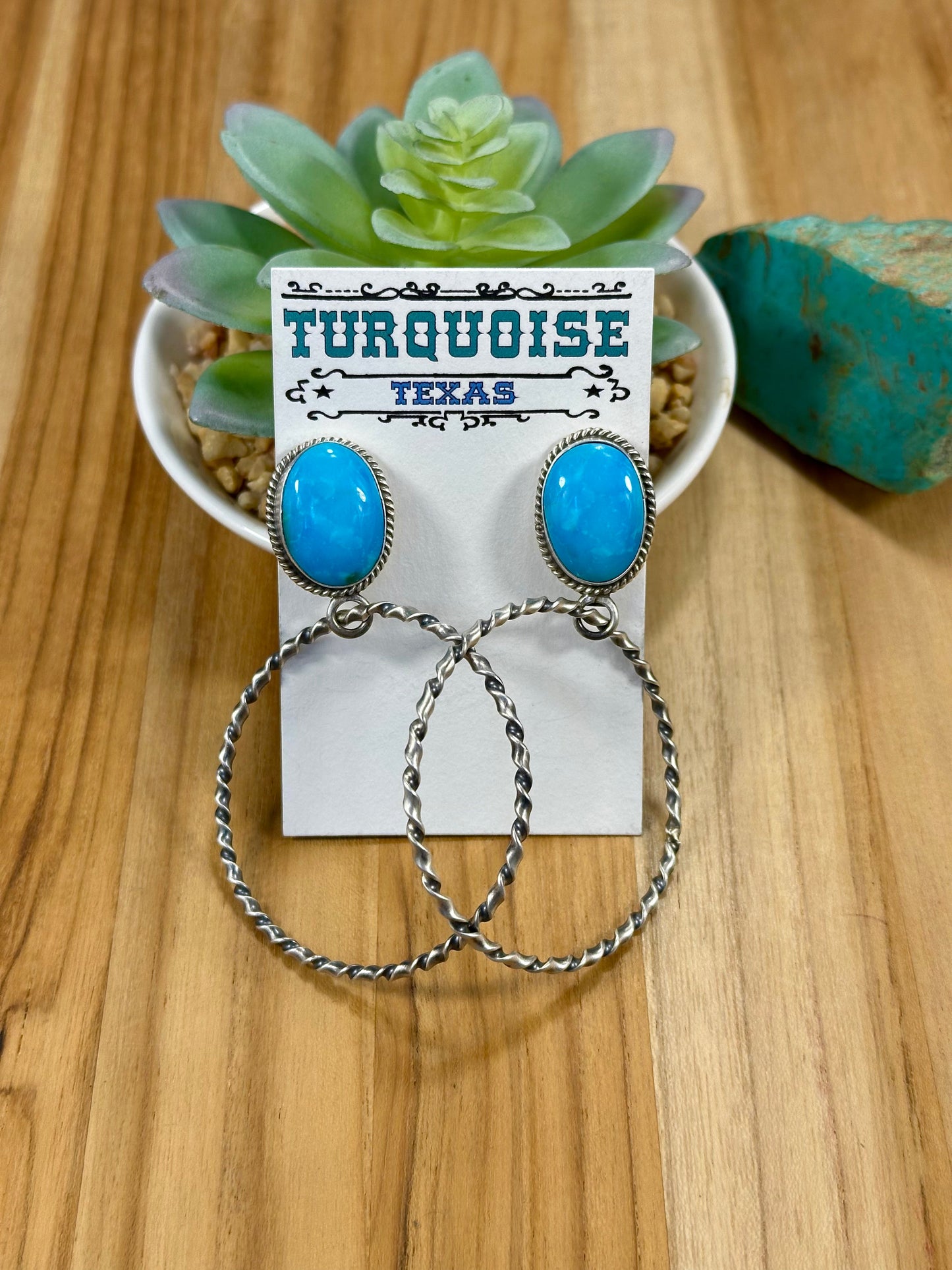 Kingman Turquoise Oval & Sterling Silver Dangle Hoop Earrings