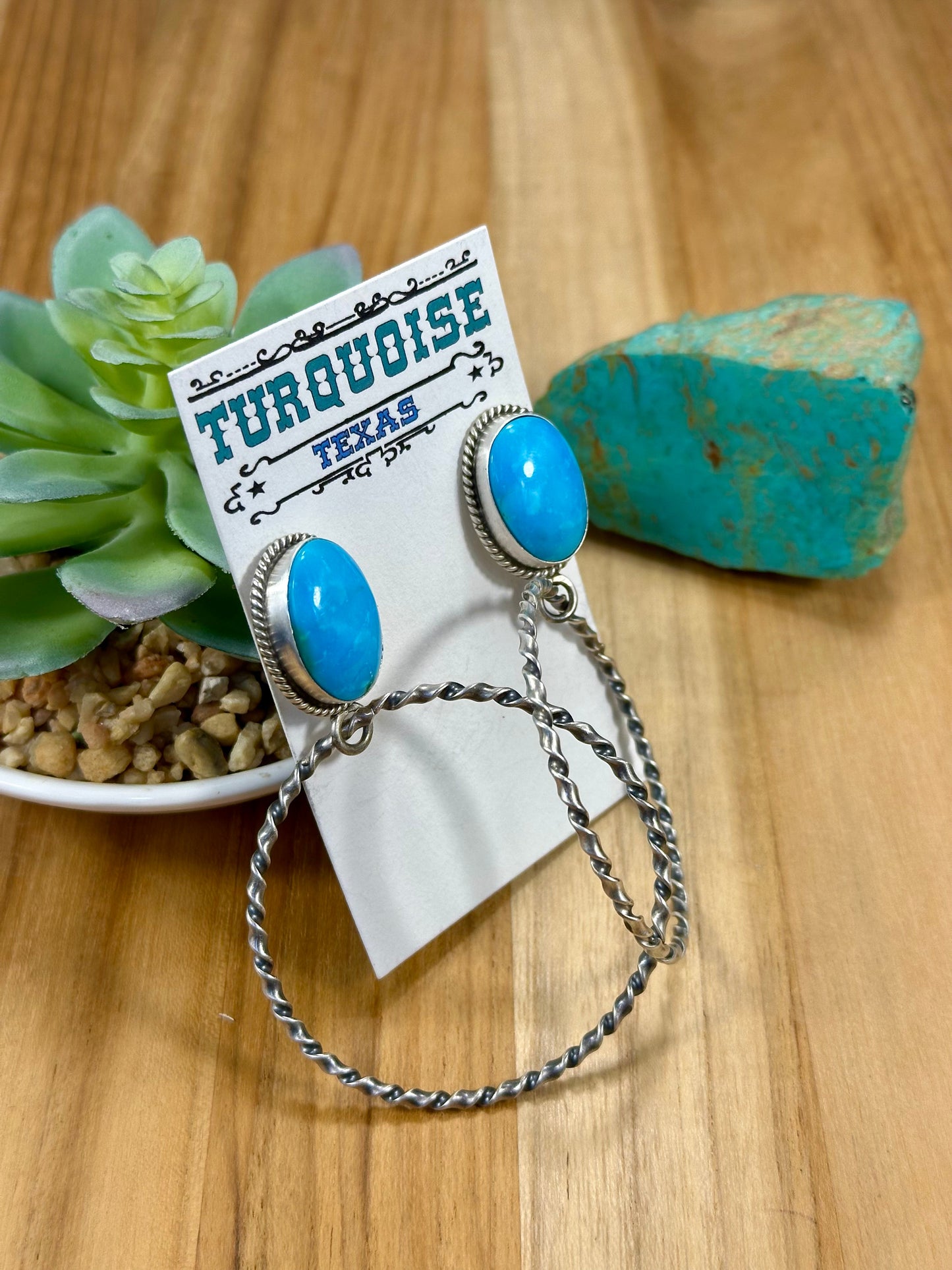 Kingman Turquoise Oval & Sterling Silver Dangle Hoop Earrings