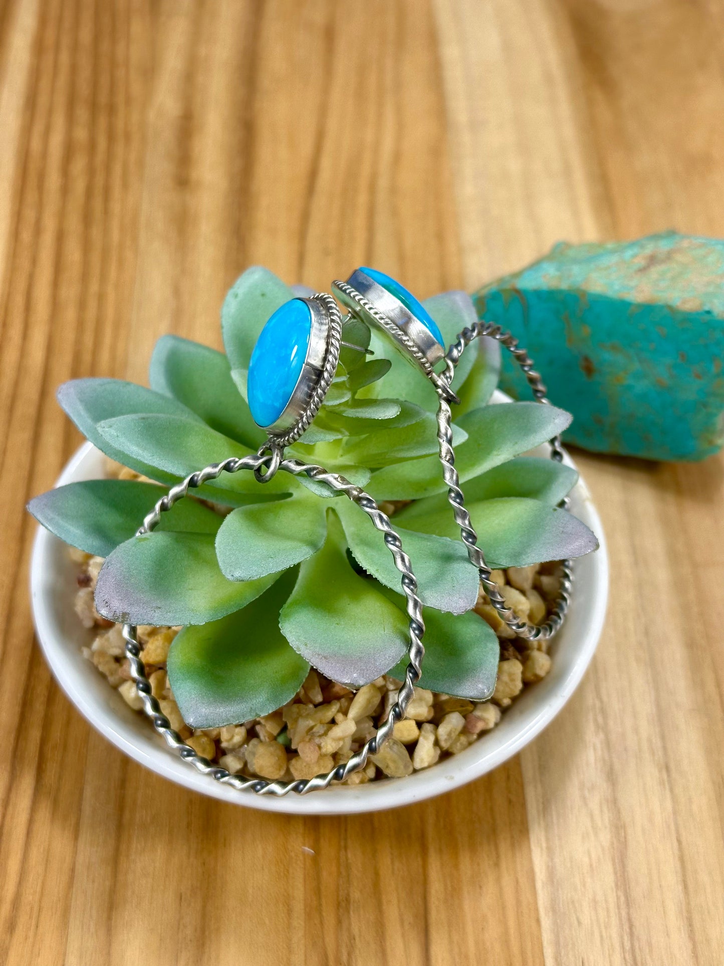 Kingman Turquoise Oval & Sterling Silver Dangle Hoop Earrings