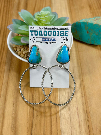 Kingman Turquoise Triangle & Sterling Silver Dangle Hoop Earrings