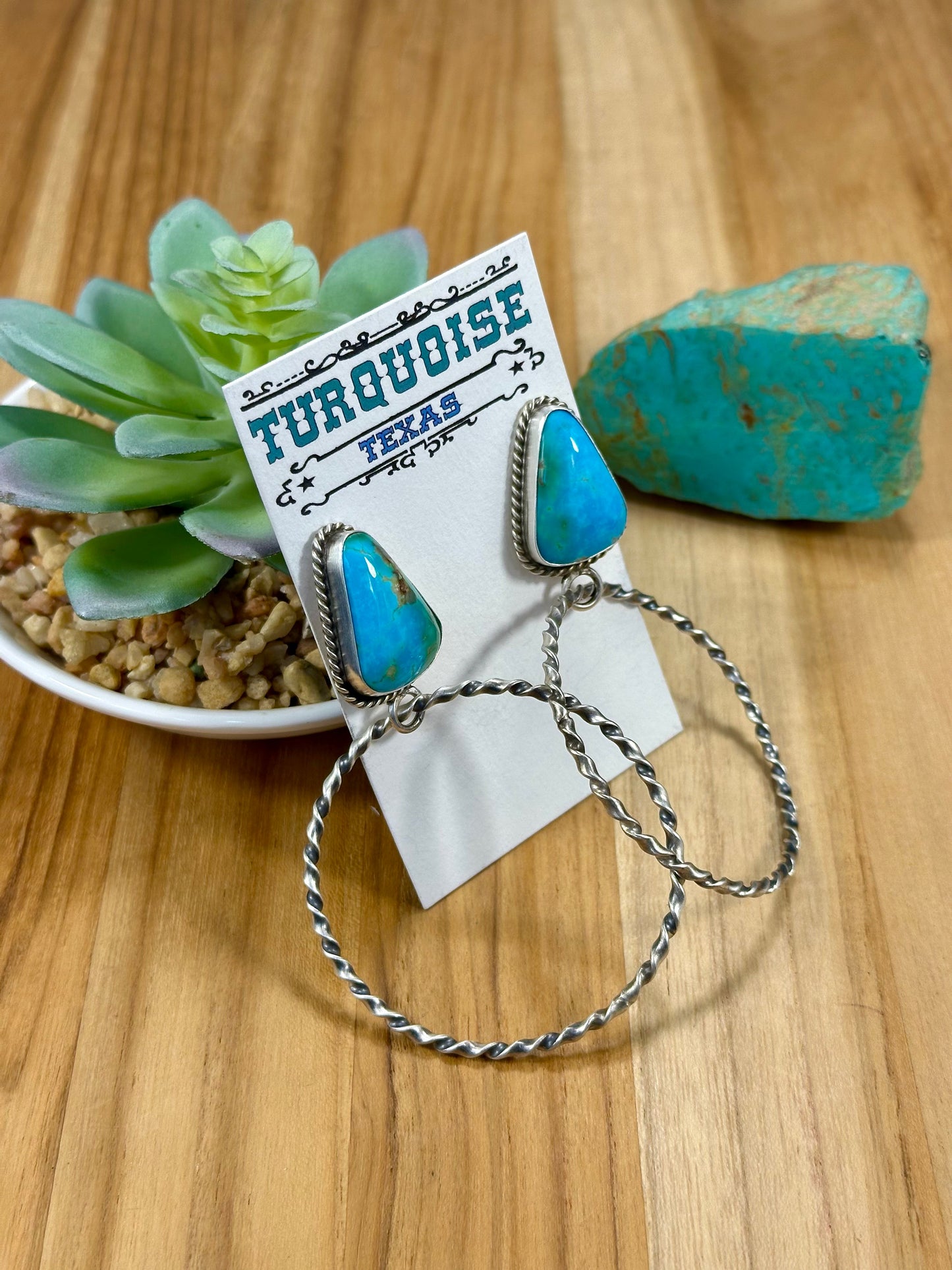 Kingman Turquoise Triangle & Sterling Silver Dangle Hoop Earrings