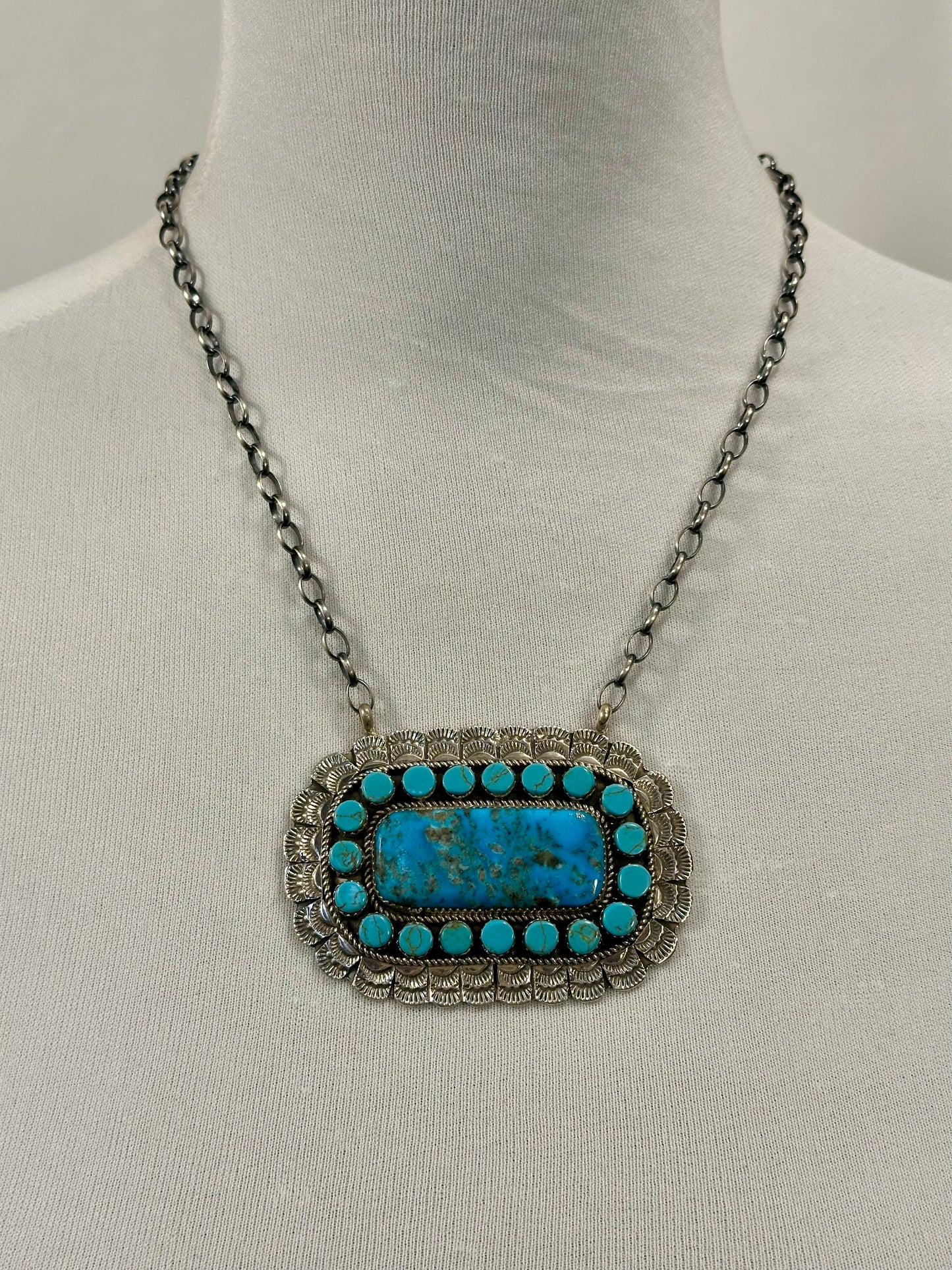 Kingman Turquoise Cluster Bar Sterling Silver Pendant Necklace