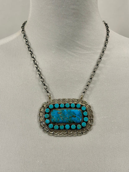 Kingman Turquoise Cluster Bar Sterling Silver Pendant Necklace