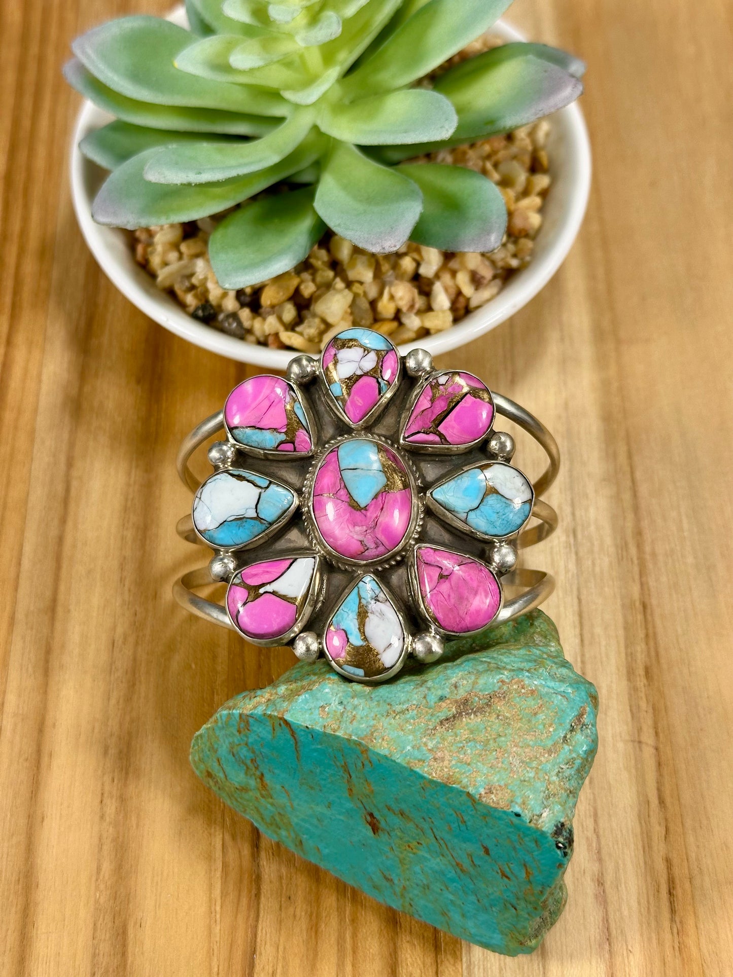 Cotton Candy Floral Cluster Sterling Silver Cuff Bracelet