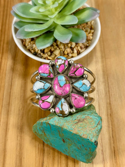Cotton Candy Floral Cluster Sterling Silver Cuff Bracelet