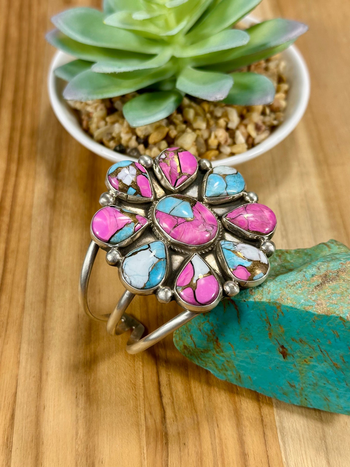 Cotton Candy Floral Cluster Sterling Silver Cuff Bracelet