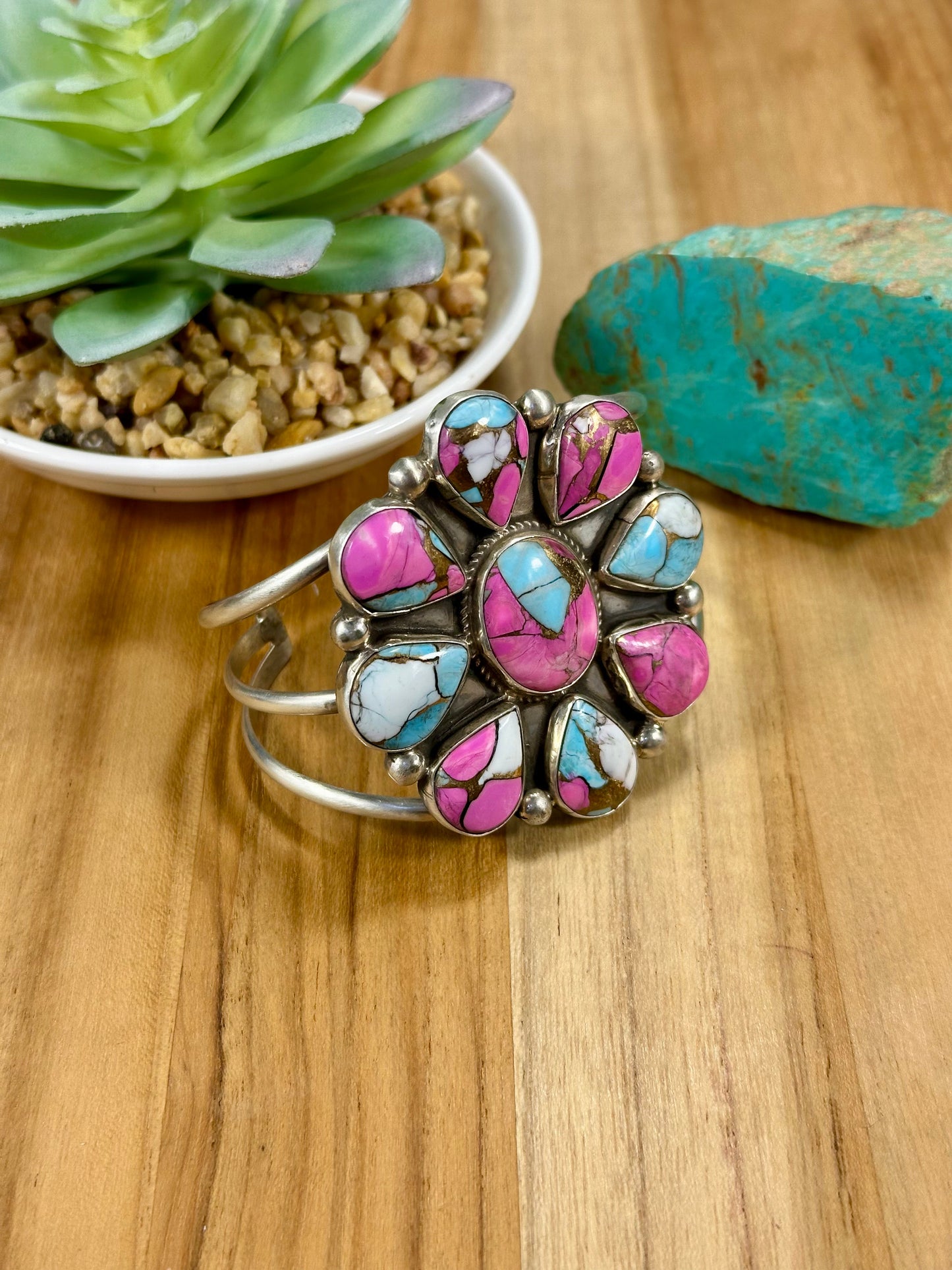 Cotton Candy Floral Cluster Sterling Silver Cuff Bracelet