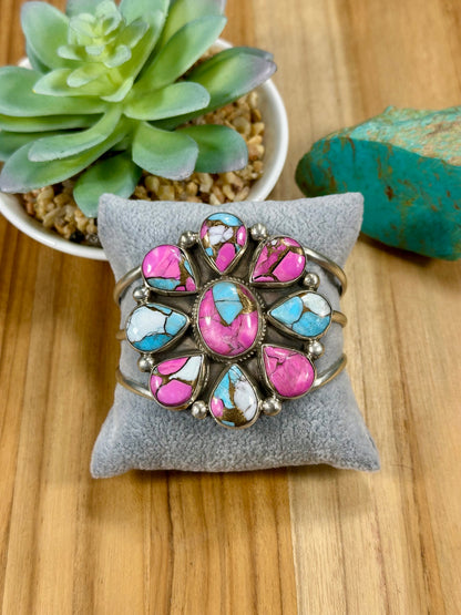 Cotton Candy Floral Cluster Sterling Silver Cuff Bracelet