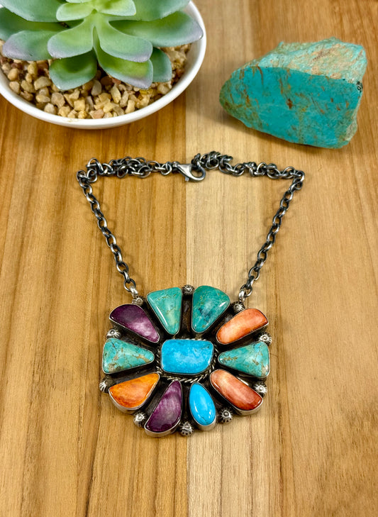 Multi Color Stone Cluster Necklace