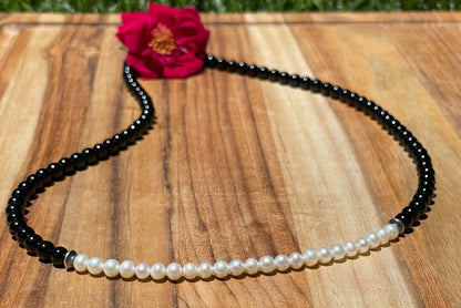 24 inch Shinny Onyx Beads and Freshwater Pearls Necklace
