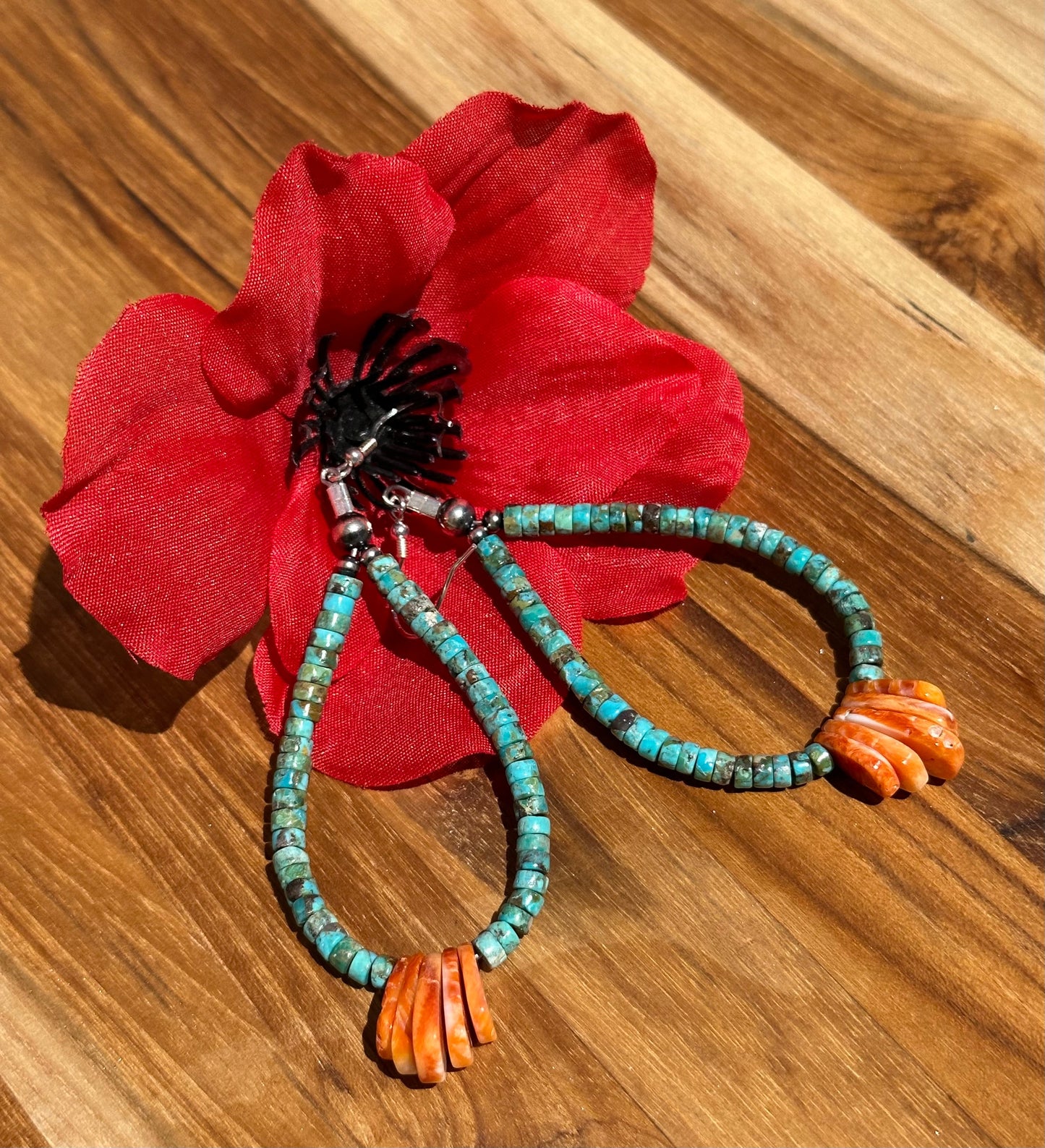 Kingman Turquoise and Orange Spiny Dangle Earrings