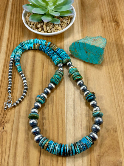 Kingman Turquoise Disc & Sterling Pearl Necklace