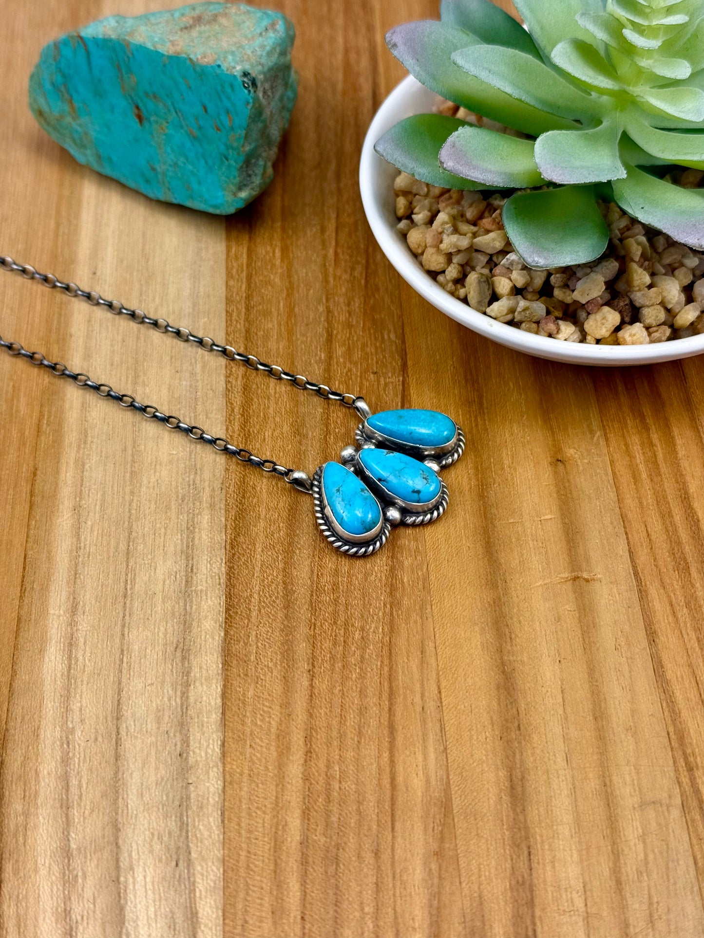 Kingman Turquoise 3 Stone Necklace