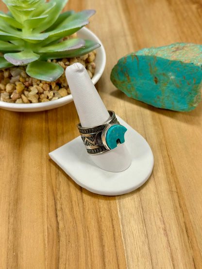 Kingman Turquoise Bear Sterling Silver Ring