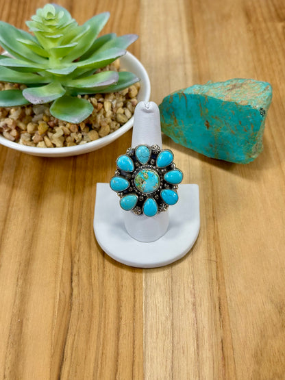 Kingman Turquoise Floral Sterling Silver Ring