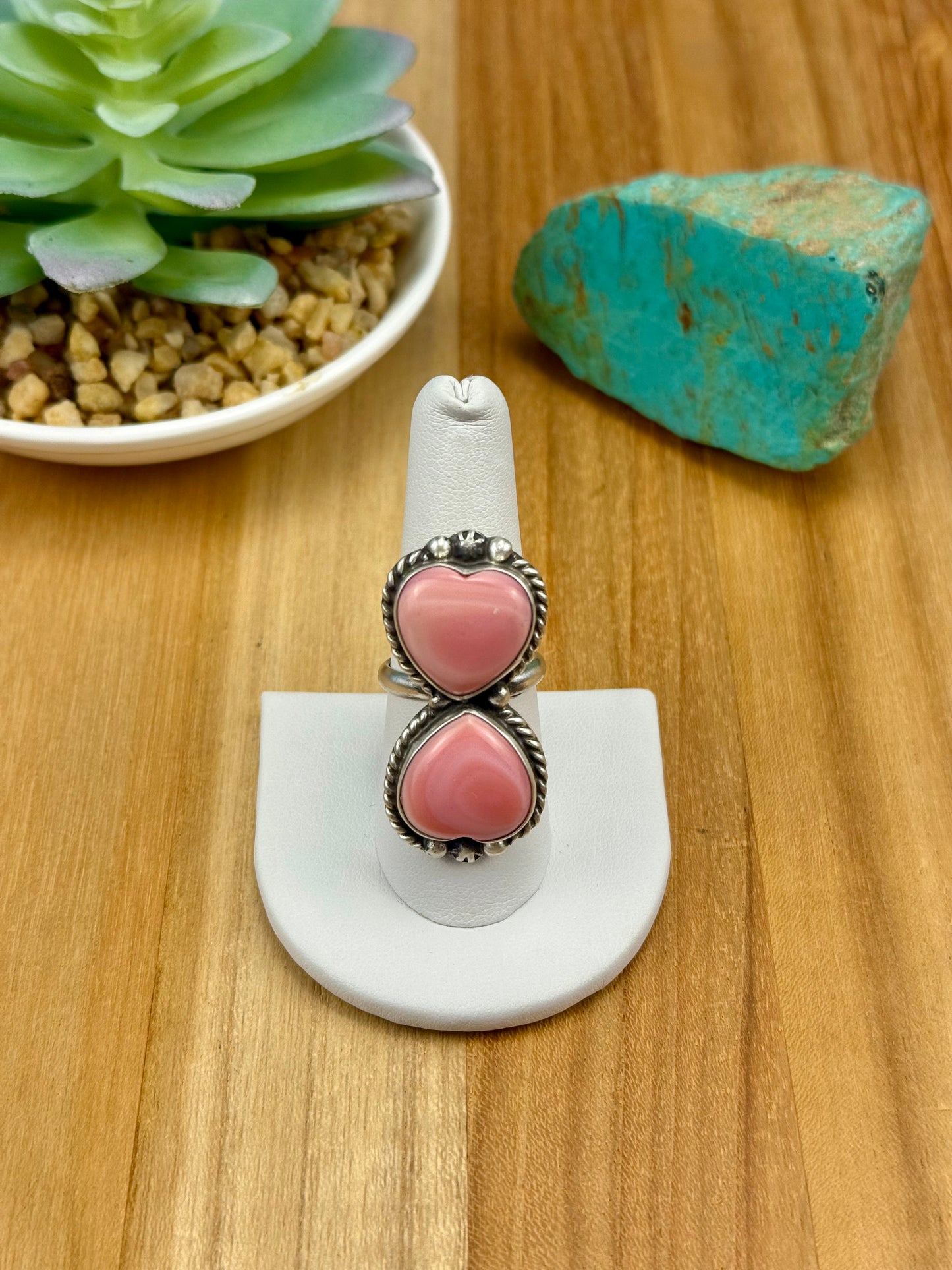 Pink Conch Heart 2 Stone Sterling Ring