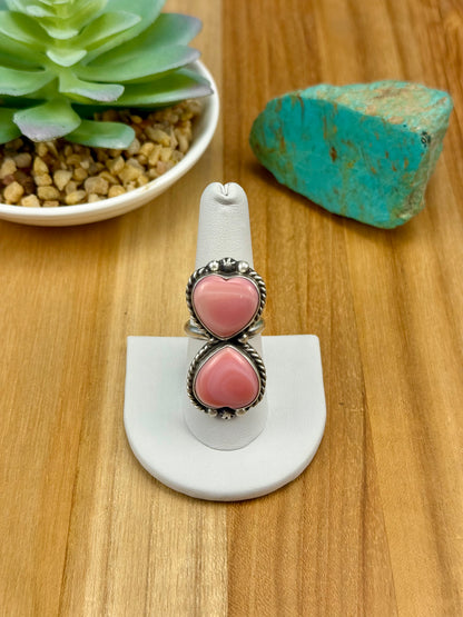 Pink Conch Heart 2 Stone Sterling Ring