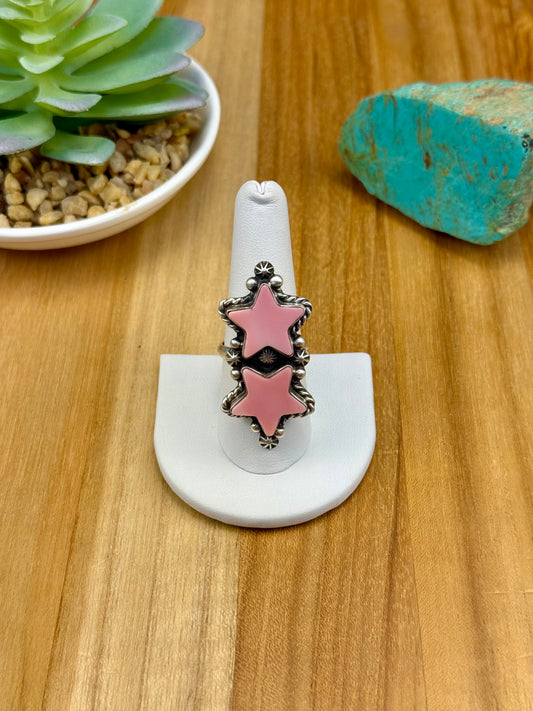 Pink Conch 2 Stone Star Sterling Ring