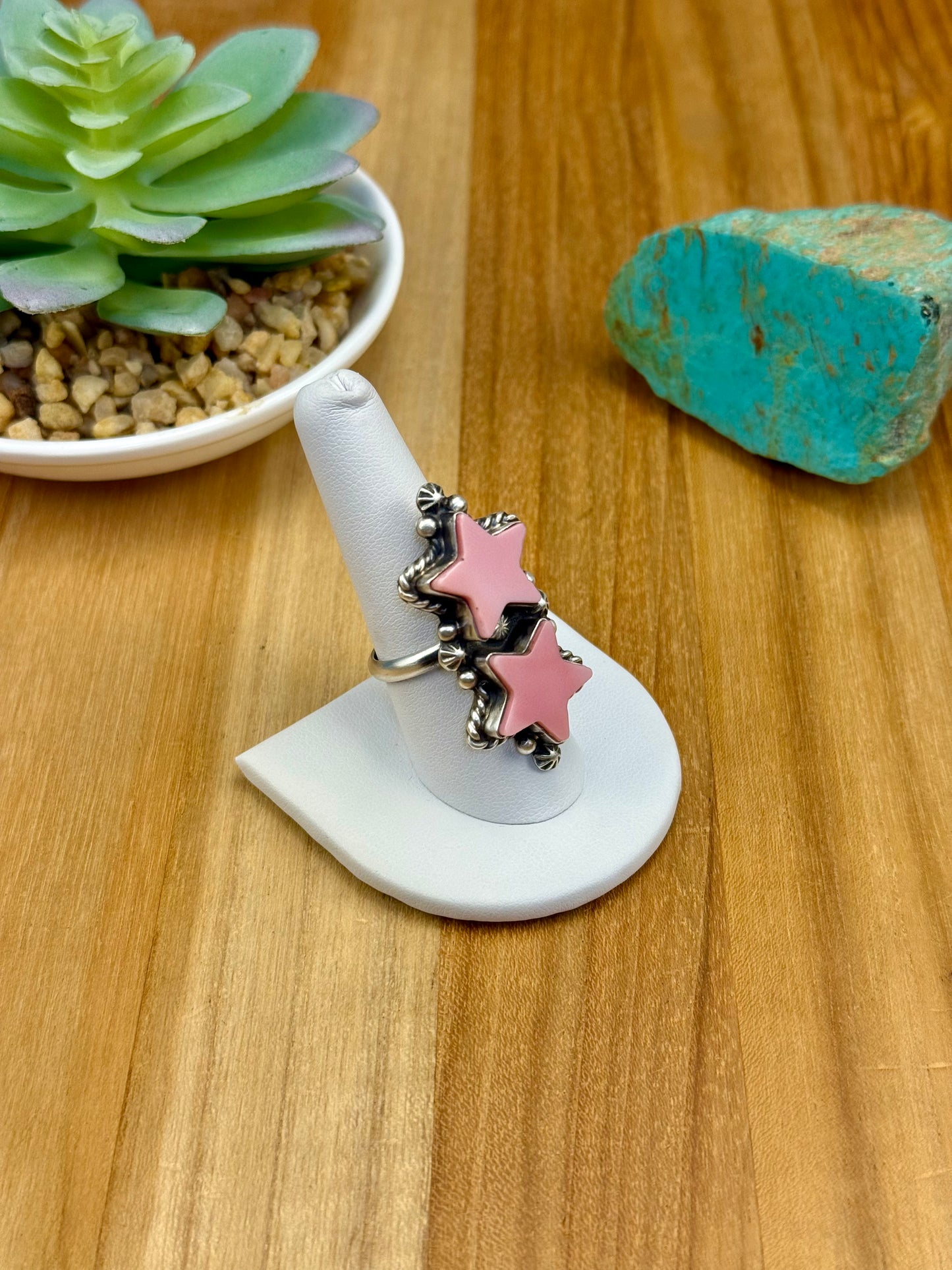 Pink Conch 2 Stone Star Sterling Ring