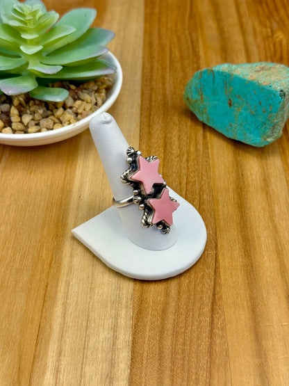 Pink Conch 2 Stone Star Sterling Ring