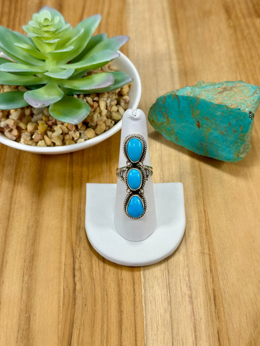 Kingman Turquoise 3 Stone Sterling Silver Ring